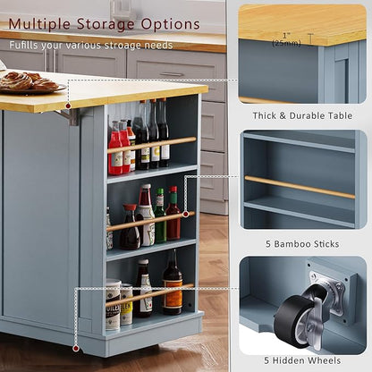 LUMISOL 53” Large Kitchen Island with 2 Bar Stools, Drop Leaf and Power Outlet, Rolling Kitchen Cart with Wheels, Door Internal Storage Rack and 5 Open Side Racks, Not Included Stools, Grey Blue