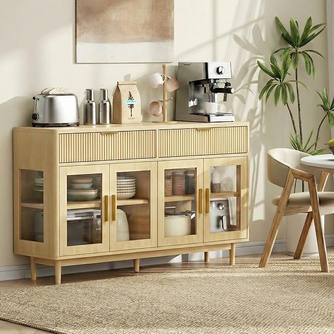 IRONCK 59'' Sideboard Buffet Cabinet with Drawers, Modern Kitchen Storage Cabinet with Adjustable Shelves and Tempered Glass Doors, Wood Coffee Bar for Kitchen, Living Room, Oak