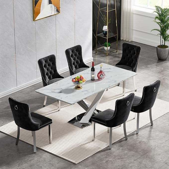 70 in Faux Marble Dining Table for 4 6 8, Modern White Silver Kitchen & Dining Room Table with X-Shape Stainless Steel Pedestal, Luxury Rectangular Large Dinner Table for Kitchen Home