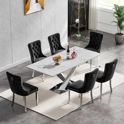 70 in Faux Marble Dining Table for 4 6 8, Modern White Silver Kitchen & Dining Room Table with X-Shape Stainless Steel Pedestal, Luxury Rectangular Large Dinner Table for Kitchen Home
