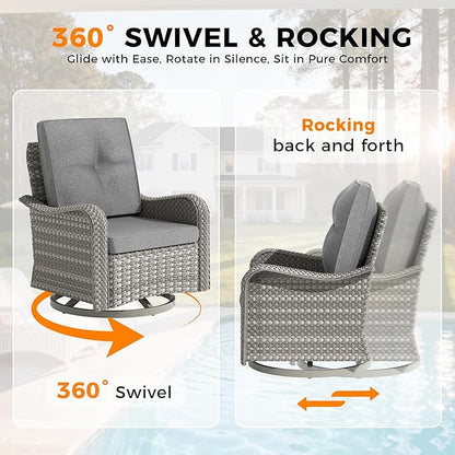 14-Seat Outdoor Wicker Patio Furniture Set with Fire Pit Table, Modular Rattan Sectional Sofa & 2 Swivel Rocking Chairs, 4" Thick Cushions, Rust-Resistant Frame,Gray