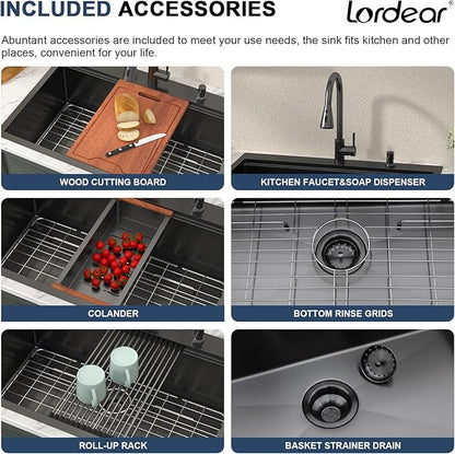 Lordear Black Kitchen Sink with Faucet 33 Inch Drop In Kitchen Sink Workstation Gunmetal Black 16 Gauge Stainless Steel Single Bowl 33x22 Topmount Kitchen Sinks with Pull-out Faucet Combo