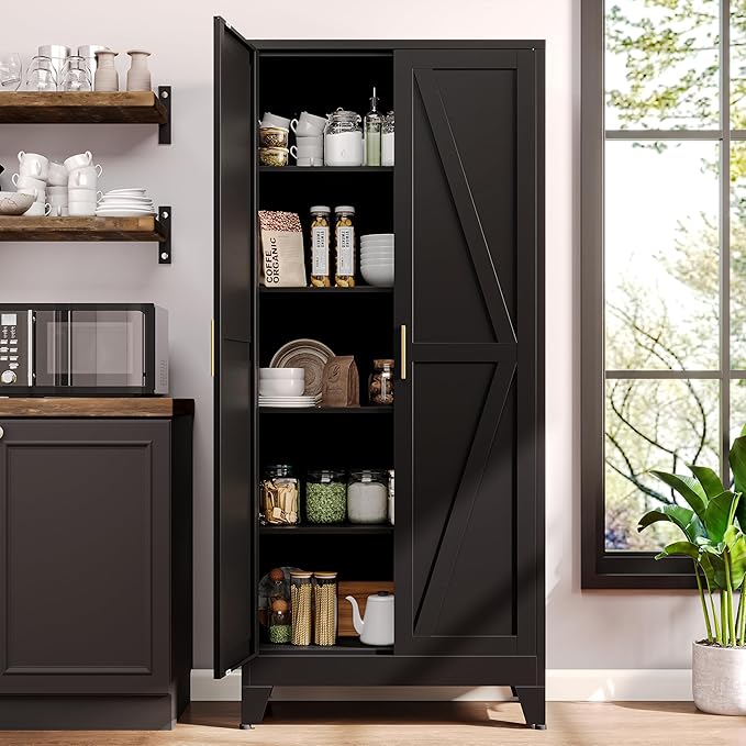 71" H Black Metal Storage Cabinets,Garage Storage Cabinet,Tall Pantry Cabinet with Doors,Kitchen Food Storage Cabinet,Farmhouse Storage Cabinets for Kitchen, Dining Room