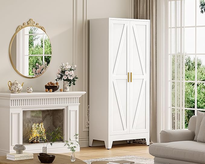 61" H White Storage Cabinet,Metal Pantry Cabinets with Doors,Tall Cabinet,Kitchen Pantry Storage Cabinets