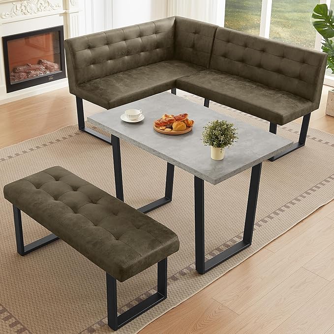HIPIHOM 3-Piece Corner Dining Table Set with Bench, 70 Inch Space-Saving Breakfast Nook for Kitchen & Dining Room(Grey Table+Right Seat Brown Bench)