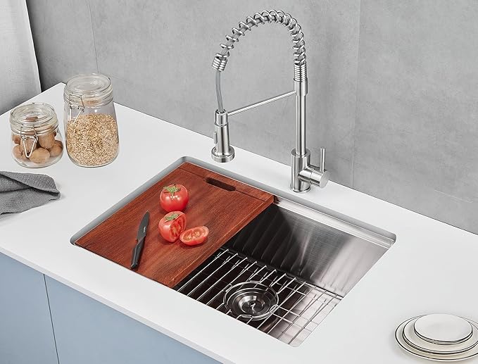 MENATT 25 Inch Undermount Workstation Kitchen Sink, 25"×18" Stainless Steel Single Bowl Undermount Handmade Kitchen Sink with Cutting Board and Colander, D25"XW18"XH9"