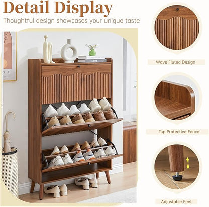 BERRYMERRY Shoe Storage Cabinet for Entryway with 3 Flip Drawers, 51.2” Tall Narrow Shoe Organizer with Wave Panel, Freestanding Wood Hidden Shoe Cabinet for Hallway