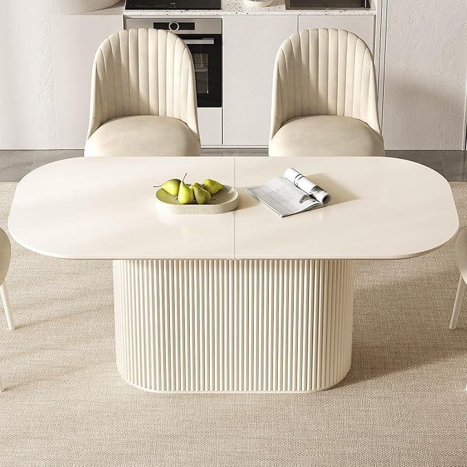 70" Oval Dining Table Set for 4, Modern Dining Room Table with 4 Chairs for Kitchen, Living Room, Bar, 5 Piece Kitchen Tables Set, Cream White Oval Dinner Tables with Stable Pedestal