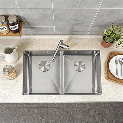 LQS Kitchen Sink 31x18, 31 Inch Undermount Kitchen Sink Double Bowl, Stainless Steel Sink and 50/50 Double Bowl with Two Sink Grids and Two Sink Strainers
