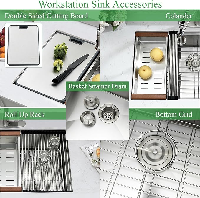 33 Inch Undermount Kitchen Sink, 33×19 Stainless Steel Undermount Kitchen Sink Ledge Workstation 16 Gauge Handmade Deep Single Bowl Kitchen Sinks with Cutting Board