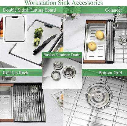 33 Inch Undermount Kitchen Sink, 33×19 Stainless Steel Undermount Kitchen Sink Ledge Workstation 16 Gauge Handmade Deep Single Bowl Kitchen Sinks with Cutting Board