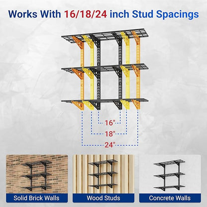 FLEXIMOUNTS 2 Pack 3-Tier 1x3ft Garage Storage Wall Shelving, 12x36inch per Shelf Height Adjustable Floating Shelves, Heavy Duty Wall Mounted Shelve, 1200lbs Weight Capacity, Black, Classic Series