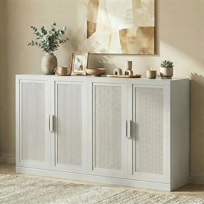 Casaphoria Adam Sideboard Buffet Cabinet with Storage, Sideboard Cabinet with Rattan Doors & Adjustable Shelves, 62" W x 36" H Coffee Bar for Entryway Kitchen Living Room, White