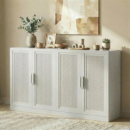 Casaphoria Adam Sideboard Buffet Cabinet with Storage, Sideboard Cabinet with Rattan Doors & Adjustable Shelves, 62" W x 36" H Coffee Bar for Entryway Kitchen Living Room, White