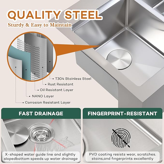 Rhbamoa Double Farmhouse Sink 28 Inch,16-Gauge T304 Stainless Steel Drop In Farm Sink,50/50 Topmount Double Bowl Apron Front Farm Sinks,10 Inch Deep Workstation Sinks with All Accessories