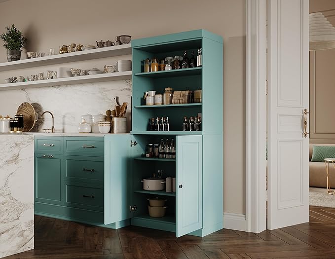 Palace Imports 100% Solid Wood Kitchen Pantry w/ 2 Wood Doors, Aqua, 32" w x 71.5" h, Renewable Eco-Friendly Pine, Made in Brazil