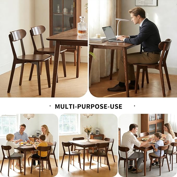 Solid Wood Dining Chairs Set of 2, Walnut Finish - Mid Century Modern Kitchen & Dining Room Chairs with Curved Back, 400 lb Capacity - Crafted from FAS-Grade North American Oak, Easy Assembly