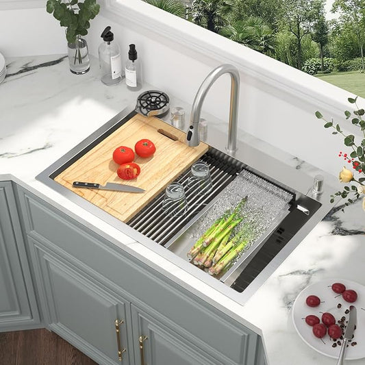 Kichae Drop In Kitchen Sink Waterfall - 33x22 Workstation Kitchen Sink Waterfall Stainless Steel 16 Gauge Luxury Handmade Single Bowl Drop Sinks with Faucet Combo & Glass Rinser