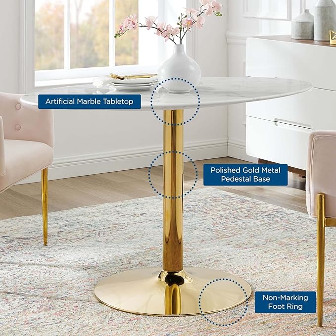 Modway Verne Oval Artificial Marble 48" Dining Table in Gold White