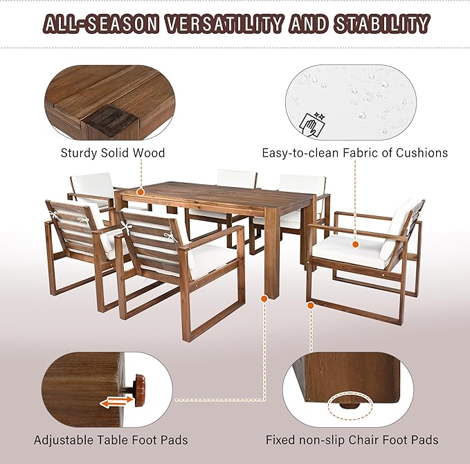 Merax Patio Table and Chairs Set, Outdoor Dining Set for 6 with Umbrella Hole, 7 Piece Outdoor Patio Furniture Set Wood Frame with Removable Cushion for Garden, Backyard, Lawn, and Poolside