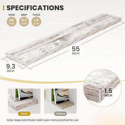 Acovy 55 Inch Floating Shelves, 9.3" Deep Floating Shelf Wall Mounted, 55" Wall Shelves, Rustic Deep Bookshelf, Large Display Shelves & Storage Shelves for Bedroom, Living Room, Rustic, Set of 1