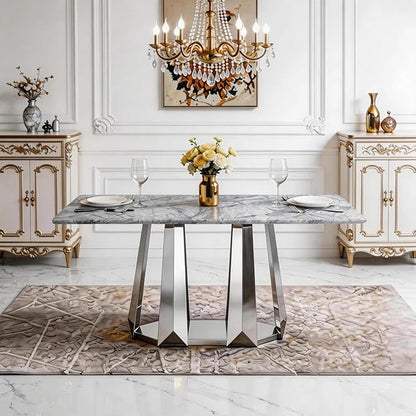 70" Marble Dining Table for 6-8, Modern Luxury Silver Rectangular Large Kitchen Table, Marble Grain MDF Tabletop & Stainless Steel Base, Dinner Furniture for Kitchen Dining Room, Meeting Room, Grey