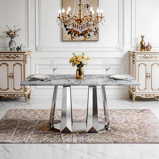 70" Marble Dining Table for 6-8, Modern Luxury Silver Rectangular Large Kitchen Table, Marble Grain MDF Tabletop & Stainless Steel Base, Dinner Furniture for Kitchen Dining Room, Meeting Room, Grey