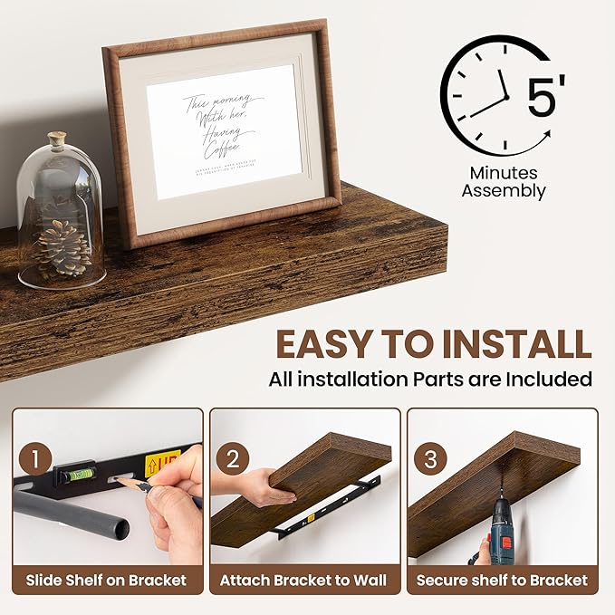 Acovy 36 Inch Floating Shelves for Wall 2 Pack, 36" Wall Shelves for Books, Storage, Decor, Wall Mounted Floating Shelf with Invisible Brackets for Kitchen, Living Room, Brown