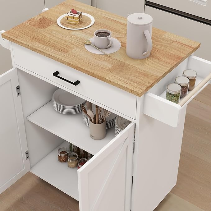 Modern Dining Table Kitchen Island Rolling Trolley Cart with Shelves, Drawer, Doors, Towel Rack & Seasoning Rack - Rubber Wood Table Top for Dining Room,White-MDF-2
