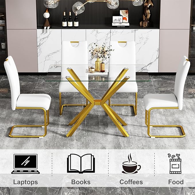 47'' Modern Glass Dining Table for 2-4 People, Rectangular Dining Room Table with Gold Metal Legs, Clear Tempered Glass Top Dining Table for 4, Gold Dining Kitchen Table for 4