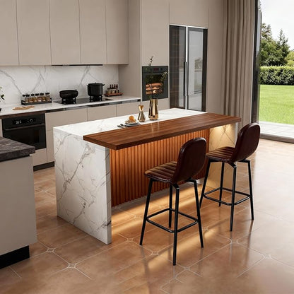 63" Modern Kitchen Island with Marble-Look Surface with 2/4 Bar Stools, Island Table with LED Lights, for Kitchen,Dining Room, Bar, Office, Living Room (White+2Dark Brown)