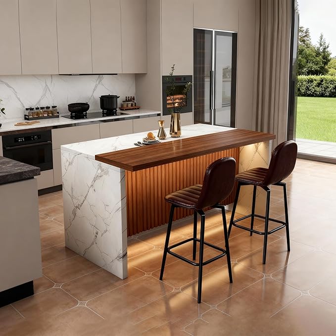 Runboll 63" Large Island Table Set with 2 Bar Stools, Modern Faux Marble Dining Table Set with Multi-Color LED Lights, Kitchen Island with Grille Design for Dining Room, Home, Office, Living Room
