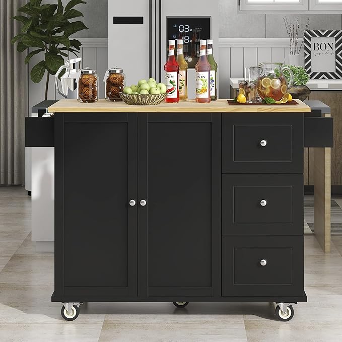 GOWE Rolling Mobile Kitchen Island with Solid Wood Top and Locking Wheels,52.7 Inch Width,Storage Cabinet and Drop Leaf Breakfast Bar,Spice Rack, Towel Rack & Drawer (Black)