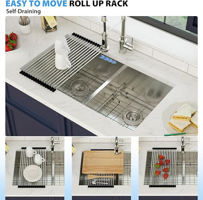 33 Inch Undermount Double Bowl Kitchen Sink 16 Gague 304 Stainless Steel Double Handmade Sinks 50/50 Large Deep Double Bowl Sinks 33"x19"x10"
