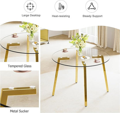Round Glass Dining Table Set with 4 Transparent Plastic Chairs, 42 Inch Diameter Clear Tempered Glass Top with Gold Metal Legs, Contemporary Aesthetic for Dining Room and Kitchen