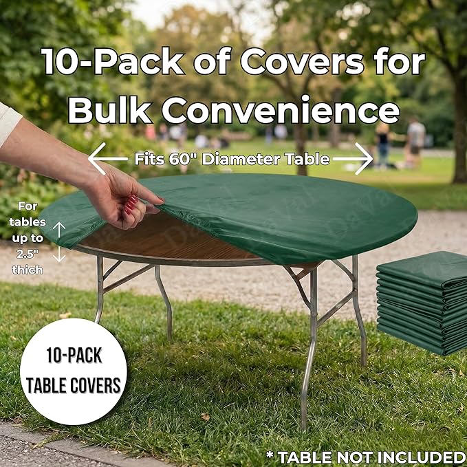 Kwik-Covers 10 Pack of Round Plastic Table Covers - 60" or 72" Round - Indoor or Outdoor Fitted Covers (Tables NOT Included) (Hunter Green, 60" Round)