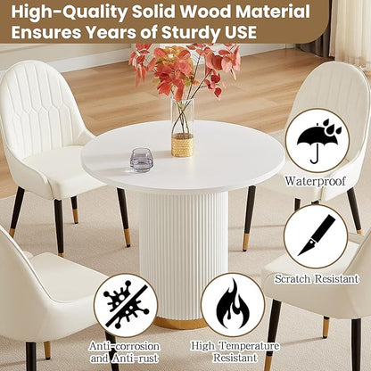 AF ARTISAN FURNITURE Round Dining Table for 4, 35.04" Farmhouse Kitchen Table, One-Piece Solid Wood Top with Gold Stainless Steel Base, Small Circle Dining Table for Kitchen & Living Room, White