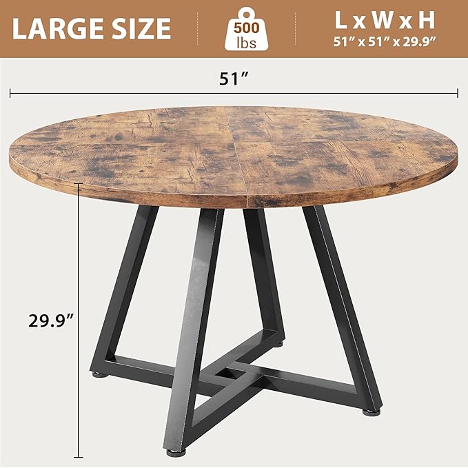 Jocoevol 51“ Round Kitchen Dining Room Table for 6-8, Circle Dining Dinner Table with Pedestal Metal Frame, Space Saving Wood Industrial Furniture for Small Space (Rustic Brown)