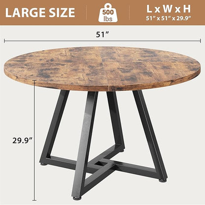 Jocoevol 51“ Round Kitchen Dining Room Table for 6-8, Circle Dining Dinner Table with Pedestal Metal Frame, Space Saving Wood Industrial Furniture for Small Space (Rustic Brown)