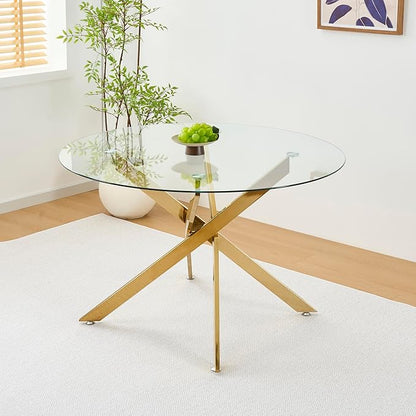 Henf 47.24" Glass Round Dining Table with X-Shape Metal Legs, Gold Kitchen Table for 4-6 People, Round Glass Dining Room Table for Small Space, Easy Assembly Circular Side Desk