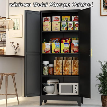 Winiowa Metal Pantry Cabinet with 2 Doors and Adjustable Shelves, 61"Kitchen Storage Cabinet with Gold Handles, Versatile Storage for Laundry, Living, Bathroom, Dining, Utility Room - Black