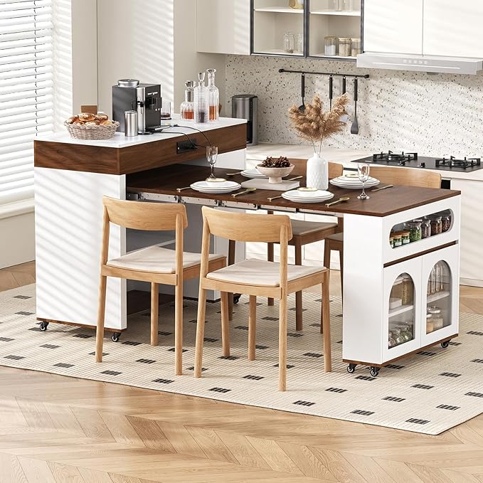 Extendable Dining Table with Extra-Long Folding Top, Rolling Kitchen Island with Drawers, Power Outlet and Brake Lock, Storage Cabinet Island Table on Wheels for Dining Room (Walnut + Creamy White)