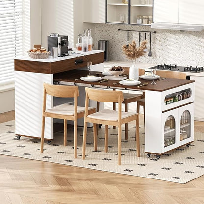 Extendable Dining Table with Extra-Long Folding Top, Rolling Kitchen Island with Drawers, Power Outlet and Brake Lock, Storage Cabinet Island Table on Wheels for Dining Room (Walnut + Creamy White)