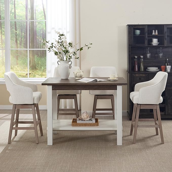 47.25" Dining Table for 2 4 6 Rectangular Solid Wood High Top Table, Rustic Dining Room Table with Open Shelves for Kitchen, Living Room, Home Office, Brown Brush and White