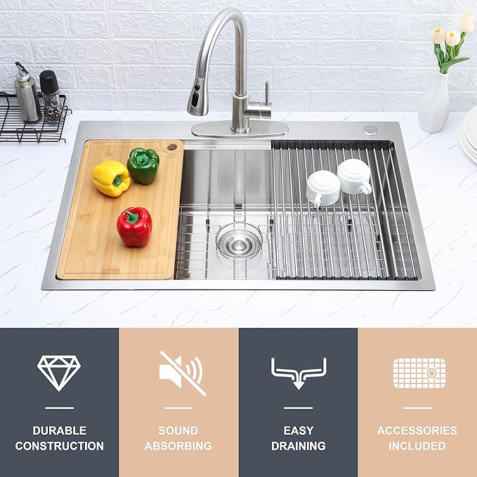 Herogo 33 X 22 Workstation Kitchen Sink, 10" Deep Drop In 18/10 Stainless Steel Topmount Single Bowl 2-Hole R10 Tight Radius Large Kitchen Sinks with Kit of 5 Accessories
