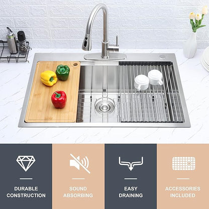 Herogo 33 X 22 Workstation Kitchen Sink, 10" Deep Drop In 18/10 Stainless Steel Topmount Single Bowl 2-Hole R10 Tight Radius Large Kitchen Sinks with Kit of 5 Accessories