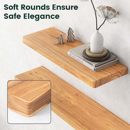 24 Inch Flat Edge Floating Shelves, 8 Inch Deep Solid Elm Wood Wall Shelf, Heavy-Duty Wall Mounted Shelf with Invisible Brackets for Living Room, Bathroom, Kitchen, Set of 2, Natural Color