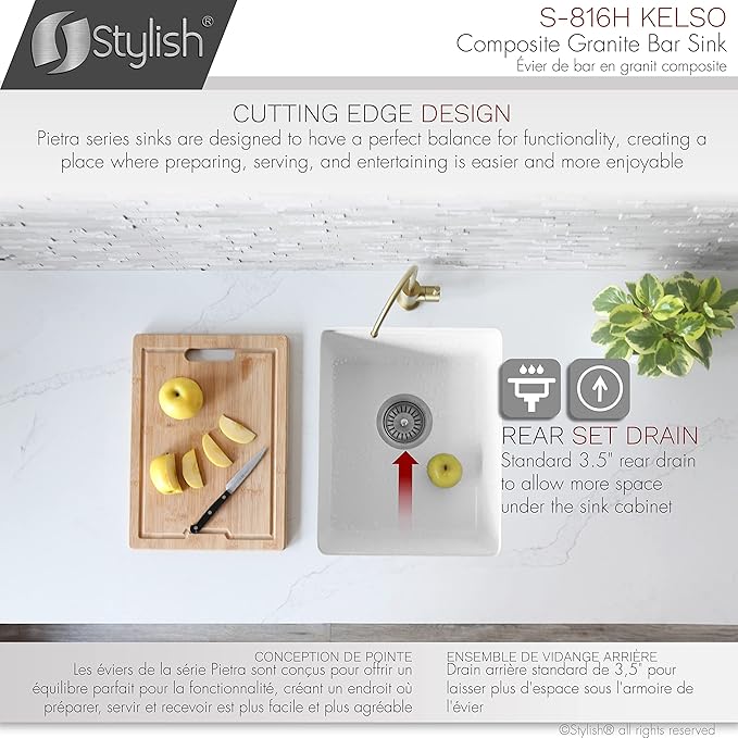 Stylish 15.5 x 17.5 Inch Composite Granite Kitchen or Bar Sink, Single Bowl Under Mount & Drop in, 8.5 in Deep, Rear-Center Drain, with Strainer, White, S-816H