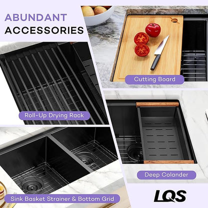 LQS 32 Inch Black Kitchen Sink, Undermount Kitchen Sink Black with Abundant Workstation Accessories, 10” Deep Enough and 50/50 Double Kitchen Sink for Food Prep and Dish Rinsing
