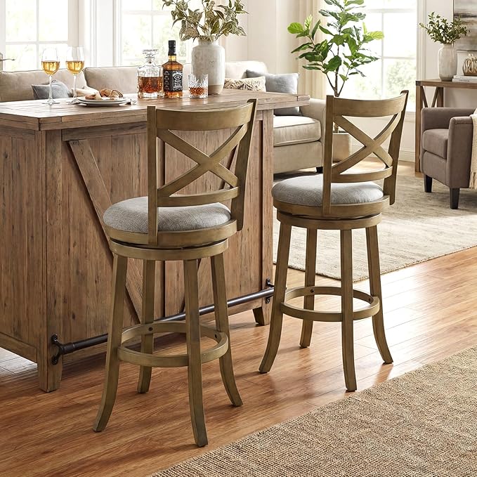 Giantex Wood Swivel Bar Stools Set of 2, 30" Upholstered Bar Height Bar Stools with X Back, Linen Cushioned Seat, Farmhouse Armless Wooden Barstools for Kitchen Island Dining Room, Grey